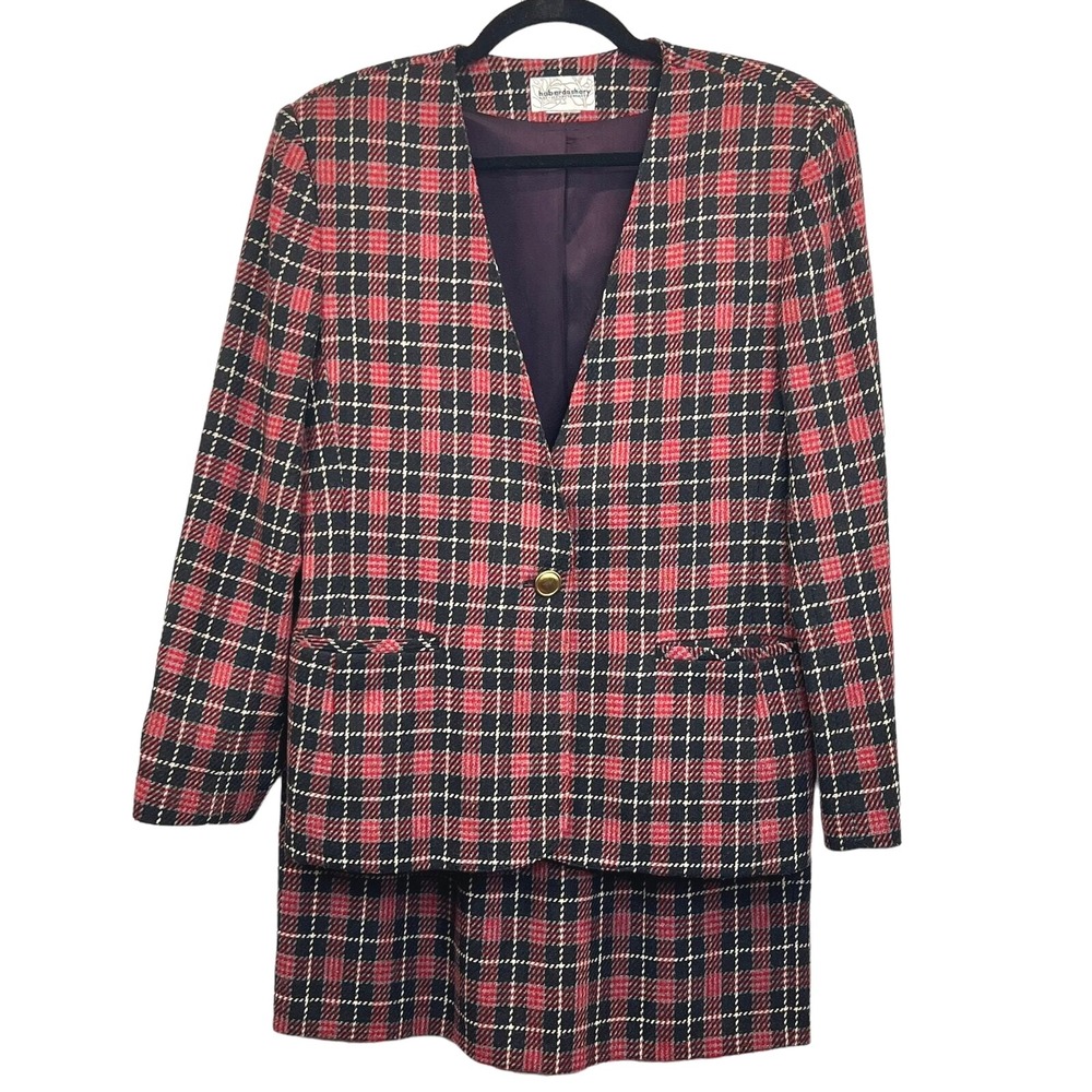 VTG Haberdashery Plaid Womens Suit Red 12P‎ Wool Blend Academia Tartan Plaid